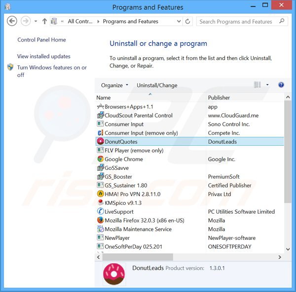 Désinstallation du logiciel de publicité donutquotes via le Panneau de Configuration