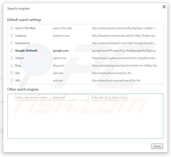 Suppression du moteur de recherche par défaut de hoistsearch.com dans Google Chrome 