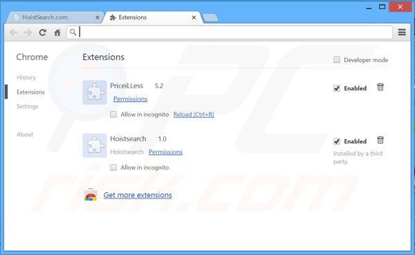 Suppression des extensions reliées à hoistsearch dans Google Chrome 