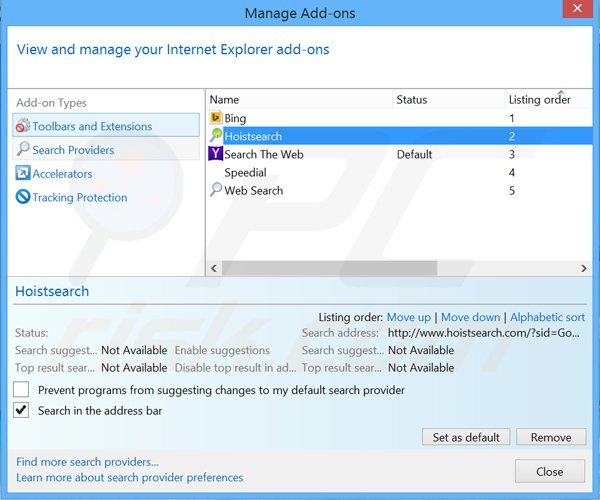 Suppression du moteur de recherche par défaut de hoistsearch.com dans Internet Explorer 