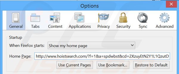 Suppression de la page d'accueil de hoistsearch.com dans Mozilla Firefox