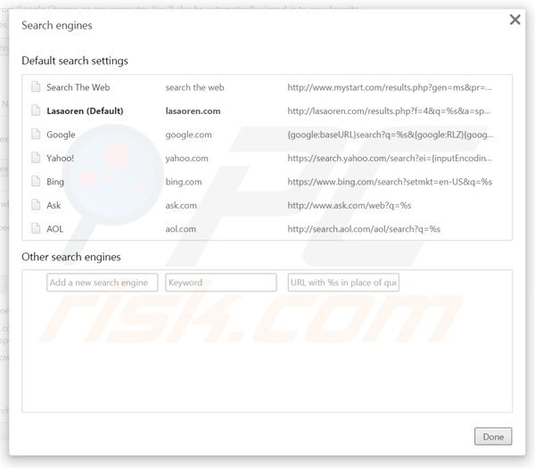 Suppression du moteur de recherche par défaut de lasaoren.com dans Google Chrome 