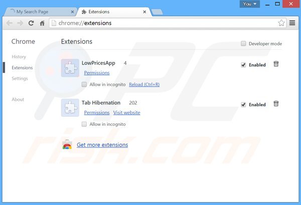 Suppression des extensions reliées à mysearchpage.net dans Google Chrome 