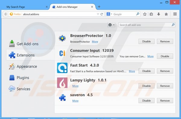 Suppression des extensions reliées à mysearchpage.net dans Mozilla Firefox 
