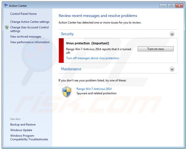 rango Antivirus win7 2014 affichant une fausse fenêtre ‘’Centre d'Action'':