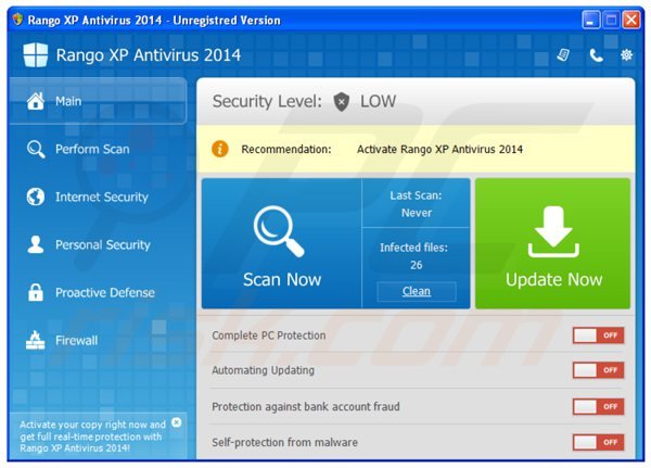 Fenêtre principale de l'antivirus rango xp 2014 