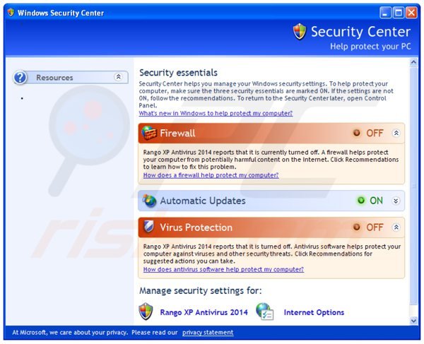 antivirus rango xp 2014 affichant un faux centre de sécurité Windows