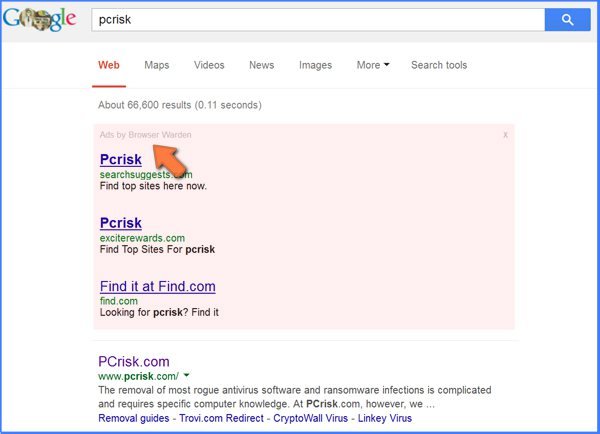 Fausses publicités dans les résultas de recherche Google causées par le logiciel de publicité Browser Warden 