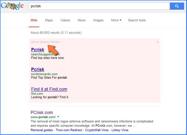 Fausses publicités dans les résultas de recherche Google causées par le logiciel de publicité Browser Warden 