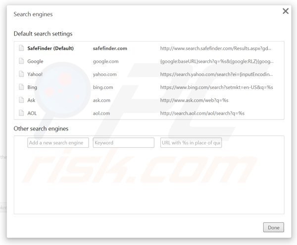 Suppression du moteur de recherche par défaut de search.safefinder.com dans Google Chrome 