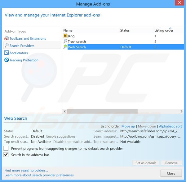 Suppression du moteur de recherche par défaut de search.safefinder.com dans Internet Explorer 