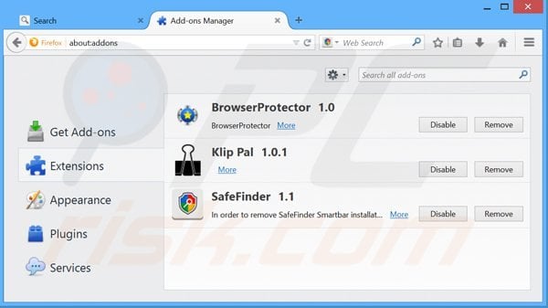 Suppression des extensions reliées à search.safefinder.com dans Mozilla Firefox 