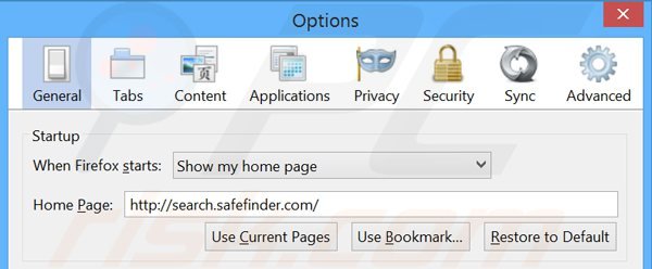 Suppression de la page d'accueil de search.safefinder.com dans Mozilla Firefox 