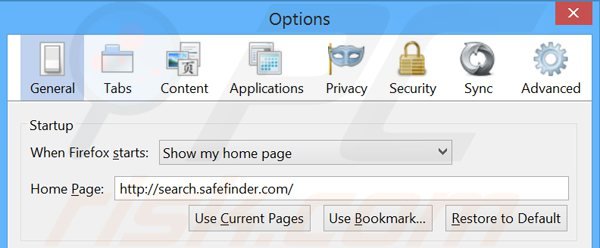 Suppression de la page d'accueil de search.safefinder.com dans Mozilla Firefox 