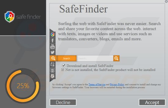 Configuration de l'installateur de la barre d'outils safefinder par Linkury