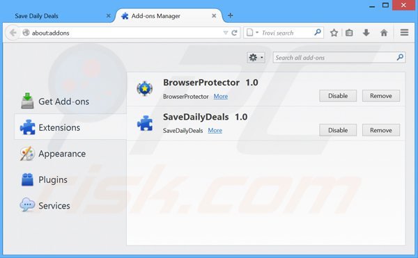 Suppression des publicités savedailydeals dans Mozilla Firefox étape 2