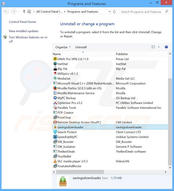 Désinstallation du logiciel de publicité savings downloader via le Panneau de Configuration