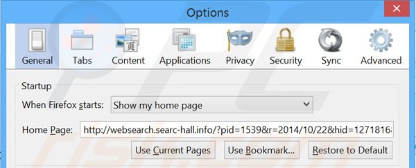 Suppression de la page d'accueil de websearch.searc-hall.info dans Mozilla Firefox 