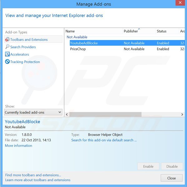 Suppression des extensions reliées à websearch.searc-hall.info dans Internet Explorer 