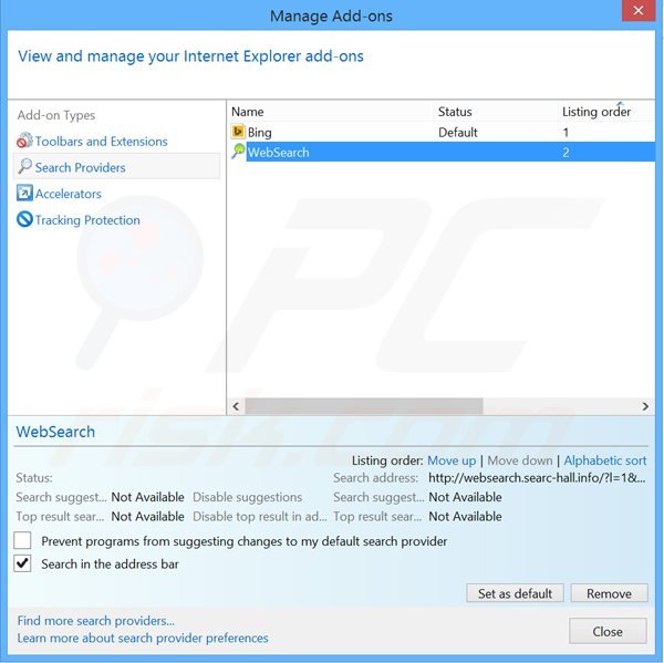 Removing websearch.searc-hall.info from Internet Explorer default search engine