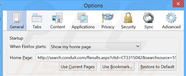 Suppression de la page d'accueil de search.conduit.com dans Mozilla Firefox 