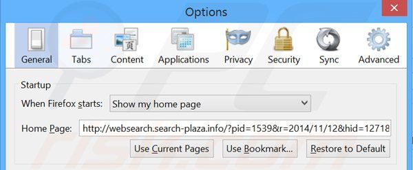 Suppression de la page d'accueil de websearch.search-plaza.info dans Mozilla Firefox 