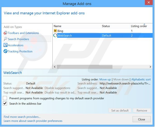 Suppression du moteur de recherche par défaut de websearch.search-plaza.info dans Internet Explorer 