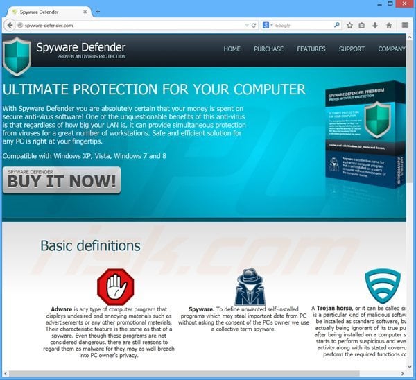 site web utilisé par le faux programme antivirus system defender 