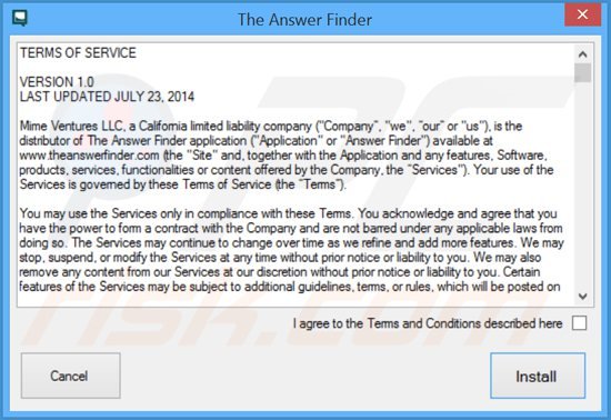 Configuration de l'installation du logiciel de publicité theanswerfinder 