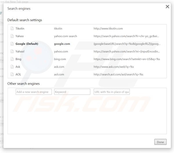 Suppression du moteur de recherche par défaut de tikotin.com dans Google Chrome 