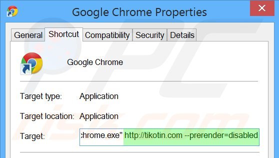 Suppression du raccourci cible tikotin.com dans Google Chrome étape 2