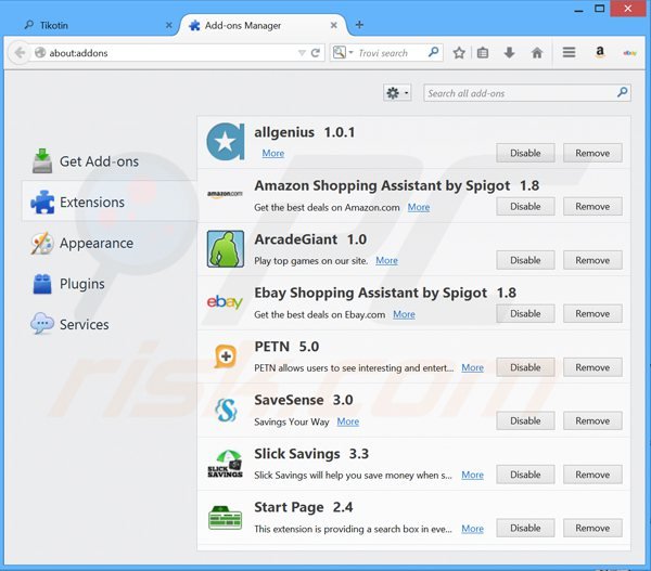 Suppression des extensions reliées à tikotin.com dans Mozilla Firefox 