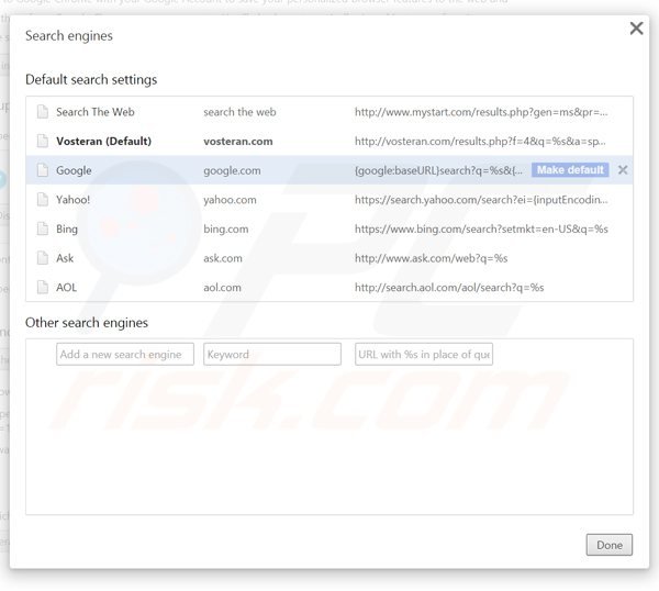 Suppression du moteur de recherche par défaut de vosteran.com dans Google Chrome 
