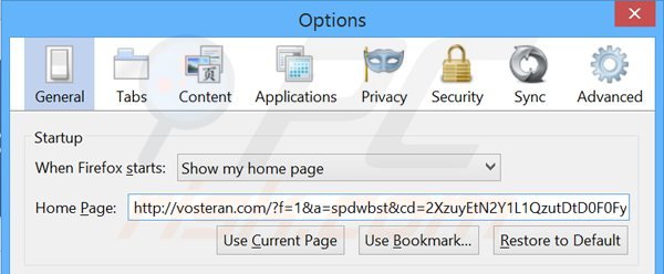 Suppression de la page d'accueil de vosteran.com de Mozilla Firefox 