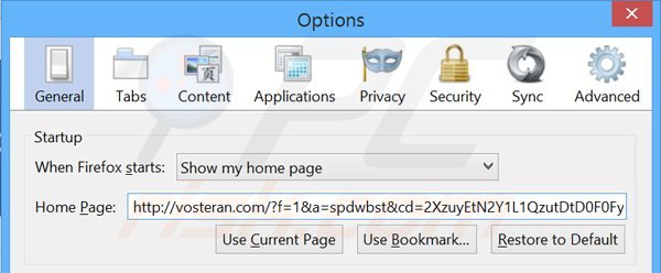 Suppression de la page d'accueil de vosteran.com de Mozilla Firefox 