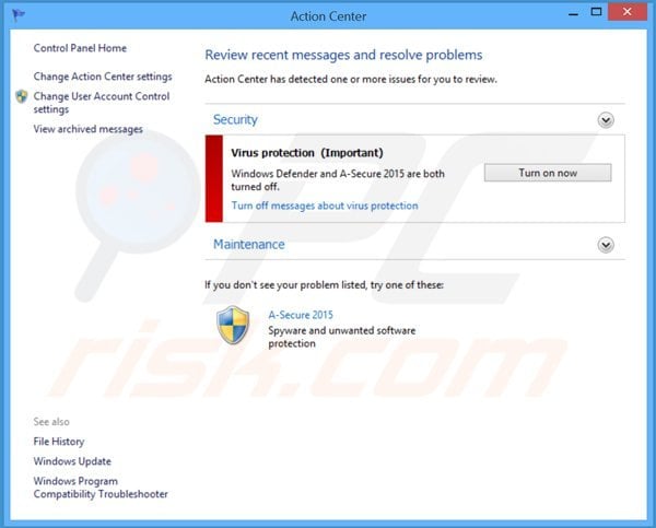 a-secure 2015 affichant un fau xcentre d'action Windows 