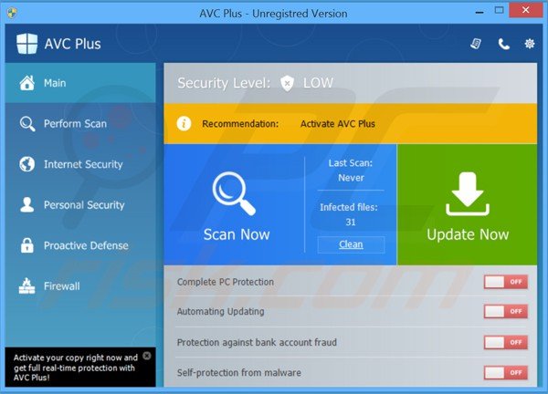 fenêtre principale du faux antivirus avc plus 