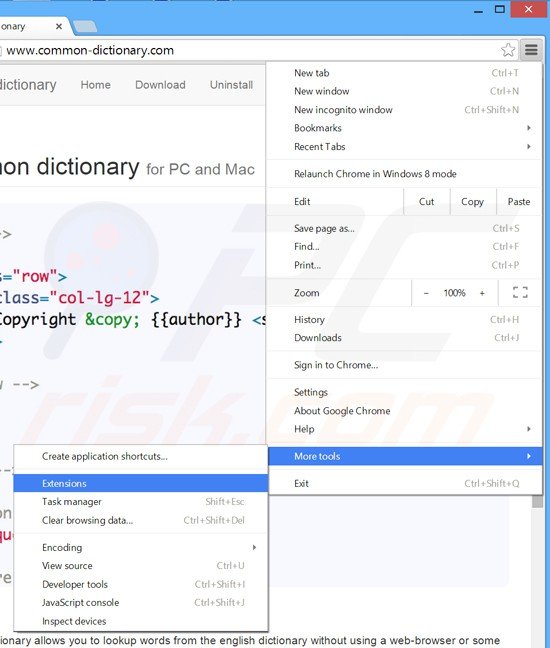 Suppression des publicités common dictionary dans Google Chrome étape 1