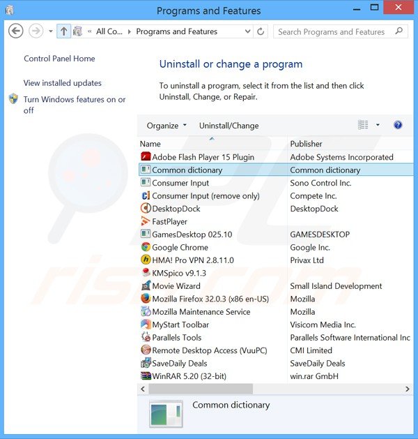 Désinstallation du logiciel de publicité common dictionary via le Panneau de Configuration