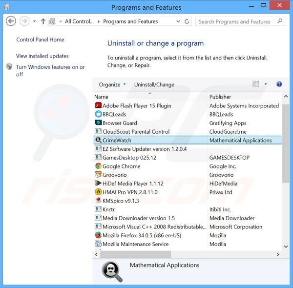 Désinstallation du logiciel de publicité crimewatch via le Panneau de Configuration