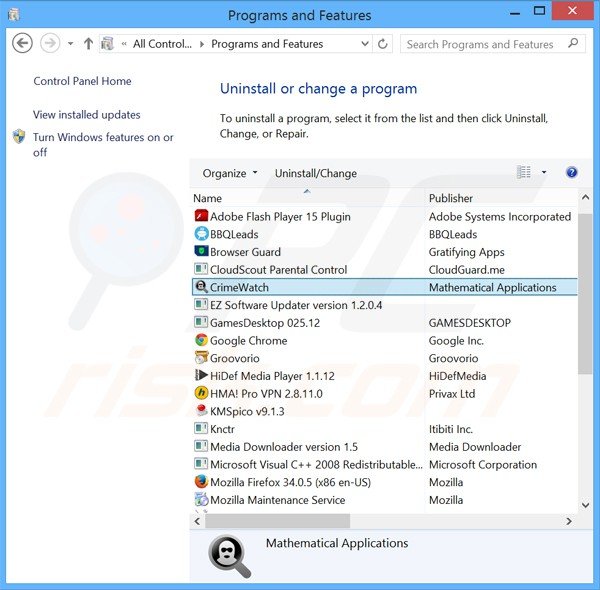 Désinstallation du logiciel de publicité crimewatch via le Panneau de Configuration