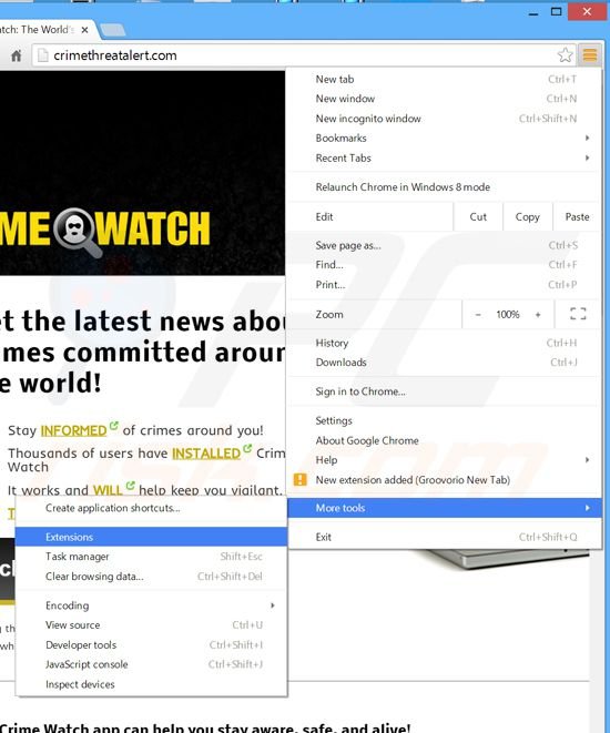 Suppression des publicités Crime Watch dans Google Chrome étape 1