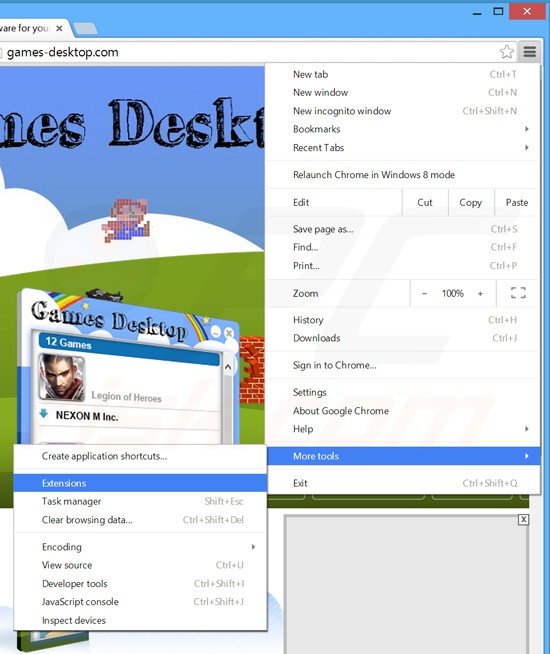 Suppression des extensions reliées à games desktop dans Google Chrome étape 1