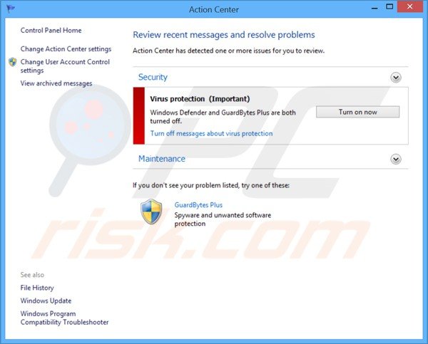 guardbytes plus affichant un faux Centre d'Action de Windows 