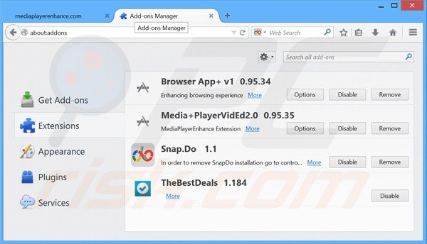 Suppression des publicités media player enhance dans Mozilla Firefox étape 2