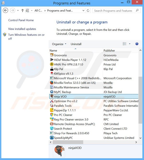 Désinstallation du logiciel de publicité ninjavod via le Panneau de Configuration