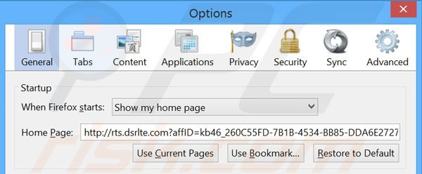 Suppression de la page d'accueil de rts.dsrlte.com dans Mozilla Firefox 