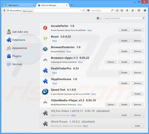 Suppression des extensions reliées à Searchalgo.com dans Mozilla Firefox 