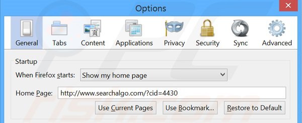 Suppression de la page d'accueil de Searchalgo.com dans Mozilla Firefox 