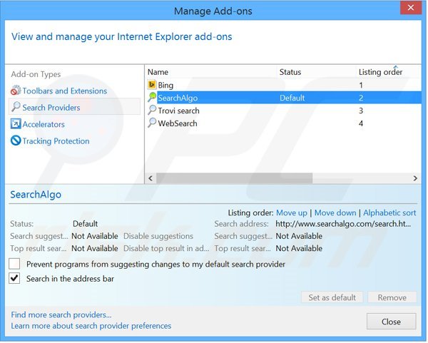 Suppression du moteur de recherche par défaut de Searchalgo.com dans Internet Explorer 
